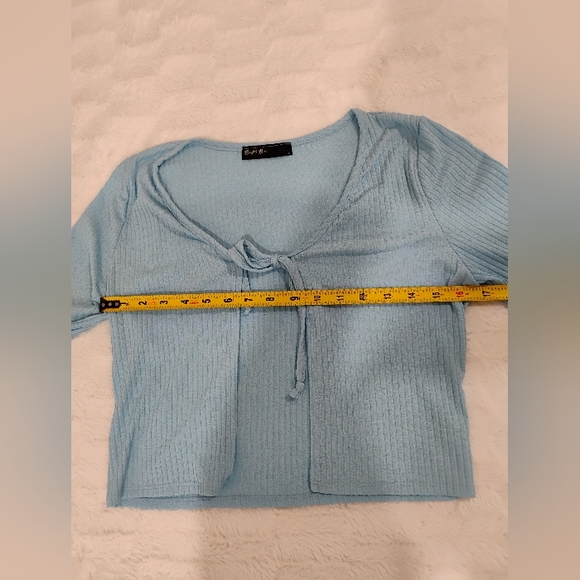 Light Blue Ribbed Long Sleeve Tie Front Top (Large) - Picture 7 of 8